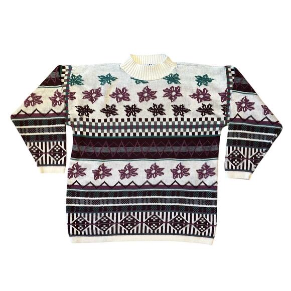 VTG Bay Point Threads LS Mock Turtleneck Sweater, Purple, Green, Cream, Sz Med - Picture 1 of 2